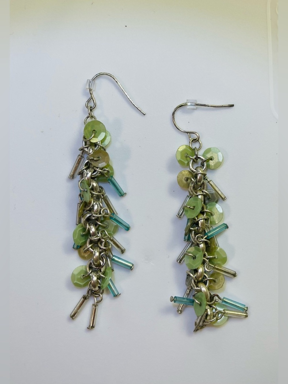 Vintage Y2K Green Sequin & Bugle Bead Cascade Drop Earrings